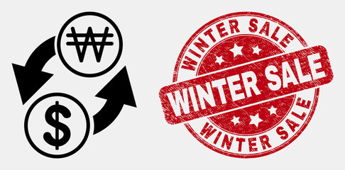 Vector linear dollar exchange korean won pictogram and Winter Sale seal stamp. Blue rounded textured seal with Winter Sale message. Black isolated dollar exchange korean won pictogram in linear style.