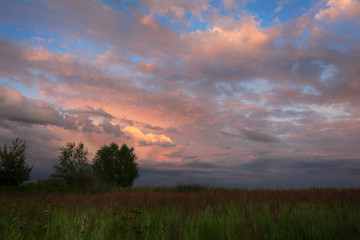 Fototapeta na wymiar Beautiful thunderstorm clouds at sunset over the summer field.