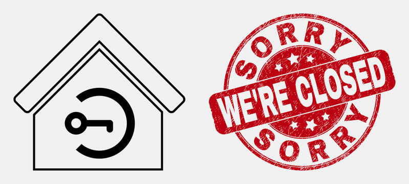 Vector linear home keyhole pictogram and Sorry We'Re Closed watermark. Blue rounded grunge watermark with Sorry We'Re Closed phrase. Black isolated home keyhole pictogram in outline style.