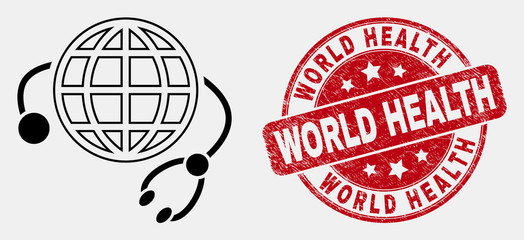 Vector stroke global medical service pictogram and World Health seal stamp. Blue rounded distress stamp with World Health title. Black isolated global medical service icon in stroke style.