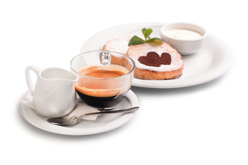 cheese pancakes on a plate with sour cream and coffee, isolated on white background, breakfast concept