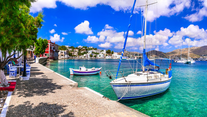 Fototapeta na wymiar discover Greece - beautiful Leros island in Dodekanes. scenic Agia Marina village and port