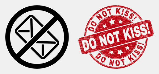 Vector line stop letter pictogram and Do Not Kiss! watermark. Blue round grunge watermark with Do Not Kiss! title. Black isolated stop letter pictogram in line style.