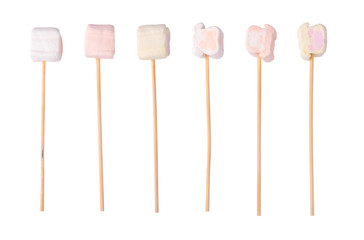 marshmallows on wooden sticks, isolated on white background