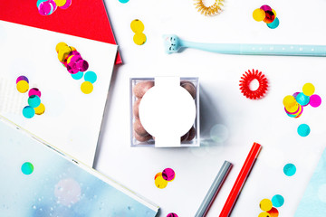 Sweet confetti, flat lay, sweet box, table, mockup