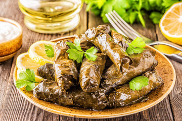 Dolma, stuffed grape leaves with rice and meat.