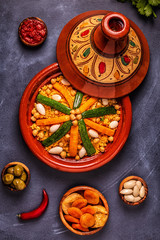 Vegetable tagine with almond and chickpea couscous