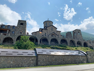 Fototapeta premium Fiagdon, Russia, North Ossetia. Ossetian Christian orthodox temple in Fiagdon Alan dormition monastery, Cathedral of the Iberian (Mozdok) icon of the mother of God