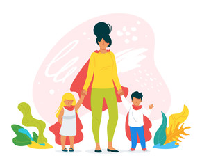 Mother of two children hand drawn vector illustration