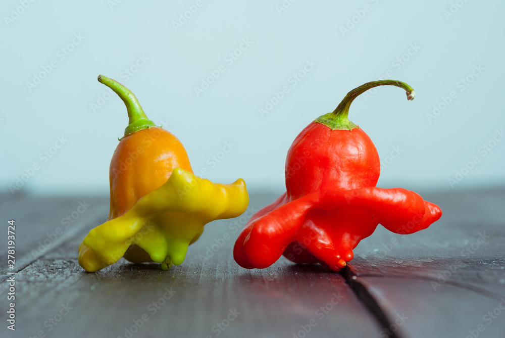 Wall mural chili on black wood table, side view