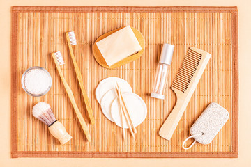 Set of bathroom accessories, top view.