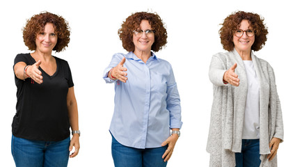 Collage of middle age senior woman over white isolated background smiling friendly offering handshake as greeting and welcoming. Successful business.