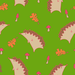 Seamless Autumn Pattern with Leaves and Hedgehog. Green background.