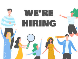 Happy people on hiring banner, recruitment concept with people characters, agency interview, join our team. Template for web landing page, presentation, social media. Vector illustration