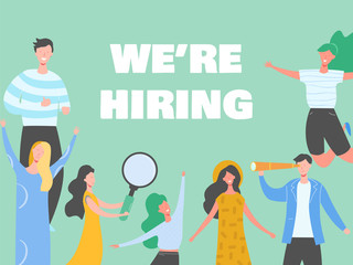 Happy people on hiring banner, recruitment concept with people characters, agency interview, join our team. Template for web landing page, presentation, social media. Vector illustration