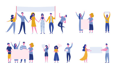 Big set of protesting people holding banners and placards. Men and women characters on political meeting, parade or rally. Group of male and female protesters or activists. Vector flat illustration