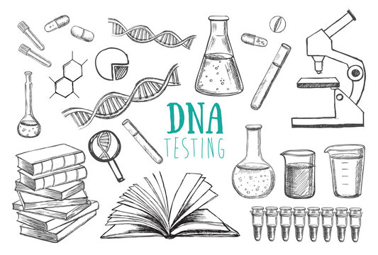 DNA testing. Medicinal laboratory. Hand drawn illustration. 