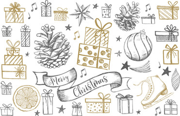 Merry Christmas and New Year set. Hand drawn illustration. Christmas Doodle collection. 