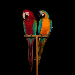 A pair of bright multicolored circus macaw parrots sitting on a stand