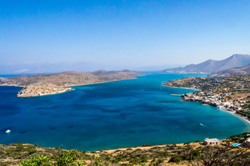 Fototapeta na wymiar Seascape. Panoramic, picturesque view of the city resort Elouda (Greece, island Crete)
