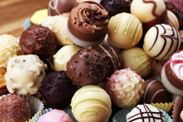 a lot of variety chocolate pralines, belgian confectionery gourmet chocolate praline.