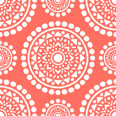Ornamental Mandala Decoration Pattern. Endless Vector Background. Coral Color.