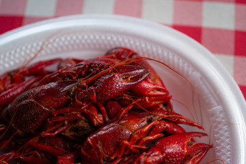 Boiled Crawfish on a styrofoam plate on red checkered tablecloth