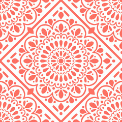 Ornamental Tile Decoration Pattern. Endless Vector Background. Coral Color.