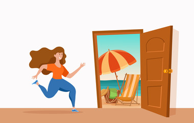 Girl run to open door summer sun beach sea vector cartoon concept.