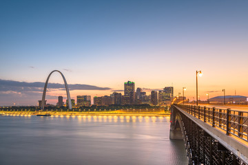St. Louis, Missouri, USA downtown cityscape on the Mississippi River at twilight.