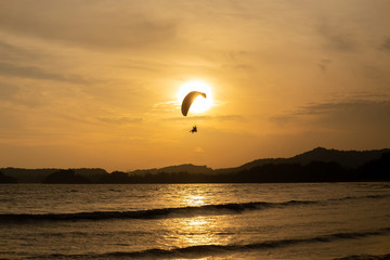 Beautiful Silhouette of paraglider flying in the sky of sunset on the beach.