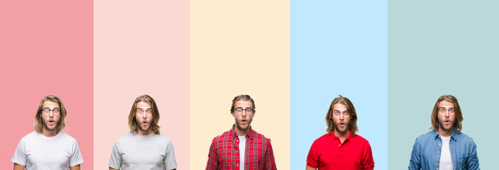 Fototapeta premium Collage of young handsome man over colorful stripes isolated background afraid and shocked with surprise expression, fear and excited face.
