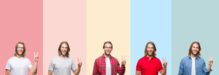 Fototapeta premium Collage of young handsome man over colorful stripes isolated background smiling with happy face winking at the camera doing victory sign. Number two.