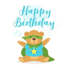 Obraz premium Happy Birthday with teddy bear greeting card flat vector template