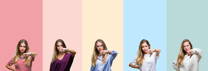 Collage of beautiful young woman over colorful stripes isolated background looking unhappy and angry showing rejection and negative with thumbs down gesture. Bad expression.