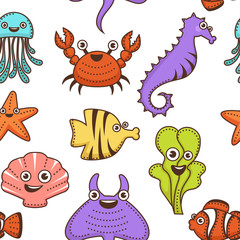 Underwater animals and plant marine creatures seamless pattern