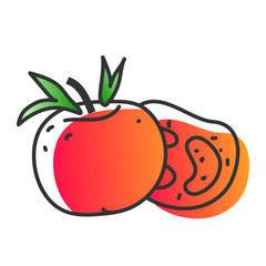 Linear vector handdrawn juicy vegetables and fruit.  Gradient color eco natural healthy organic tomato. Sketch style illustration