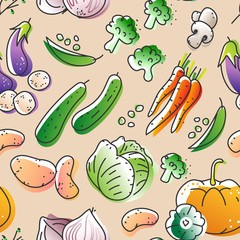 Seamless pattern of eco natural harvest products, illustrations in sketchy style of healthy vegetables, free hand vector drawing background of farming veggies, good for farming market, restaurant