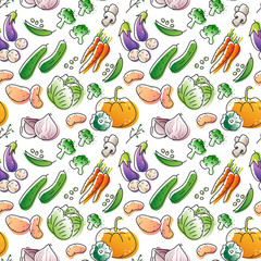 Seamless pattern of eco natural harvest products, illustrations in sketchy style of healthy vegetables, free hand vector drawing background of farming veggies, good for farming market, restaurant