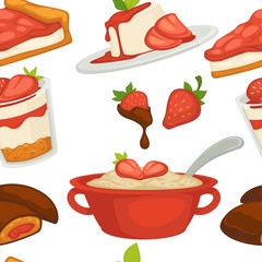 Strawberry desserts jelly and pie porridge and cookie seamless pattern