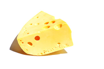 Close-up piece of cheese isolated on white background, food photo