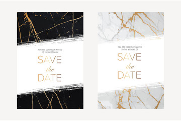 Gold, black, white marble elegant wedding invite, artistic cover design, colorful texture. Trendy pattern, graphic poster, gold geometric brochure, card. All elements are isolated and editable.