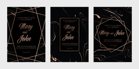 Gold, black, white marble elegant wedding invite, artistic cover design, colorful texture. Trendy pattern, graphic poster, gold geometric brochure, card. All elements are isolated and editable.