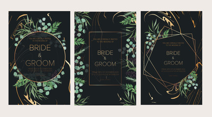 Wedding floral invitation, thank you modern card: rosemary, eucalyptus branches wreath on black marble texture with a golden geometric pattern. Trendy design template. All elements are isolated and ed