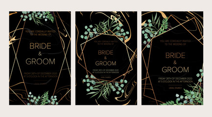 Luxury Wedding floral invitation, thank you modern card: rosemary, eucalyptus branches wreath on black marble texture with a golden trendy geometric pattern.. All elements are isolated and editable