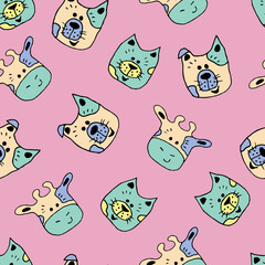 Fototapeta premium Face Animal seamless pattern in doodle style. Pattern of cartoon pets hand drawing. Design for fabrics, textiles, wallpaper for the children's room.