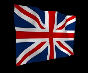 Waving flag of the Great Britain on dark background. British flag. United Kingdom of Great Britain and Northern Ireland. State symbol of the UK. 3D illustration