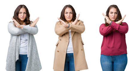 Collage of beautiful plus size woman over isolated background Rejection expression crossing arms doing negative sign, angry face