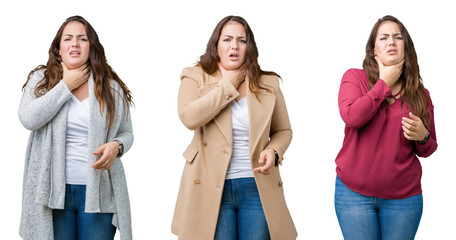 Collage of beautiful plus size woman over isolated background Touching painful neck, sore throat for flu, clod and infection