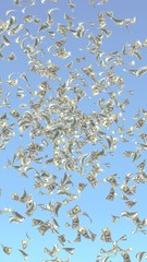 Flying dollars banknotes isolated on a blue background. Money is flying in the air. 100 US banknotes new sample. 3D illustration